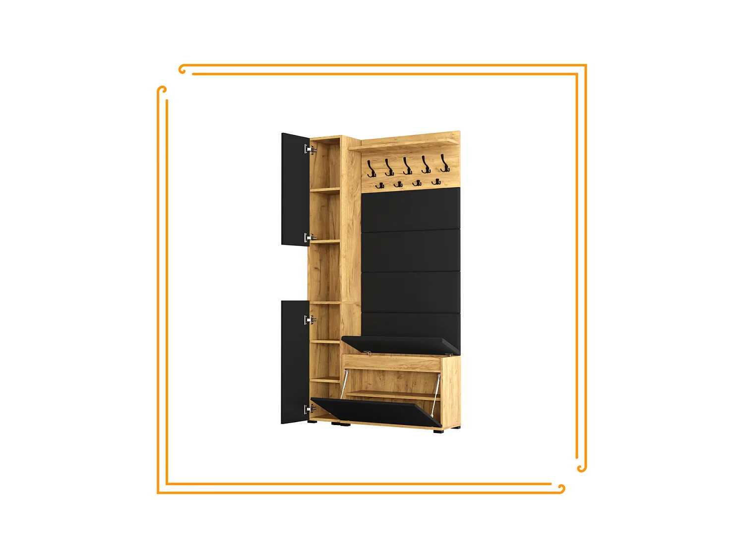 Garderobe für den Flur mit Sitzbank, Kleiderhaken, Polsterpaneel, Golden Craft und Schwarz