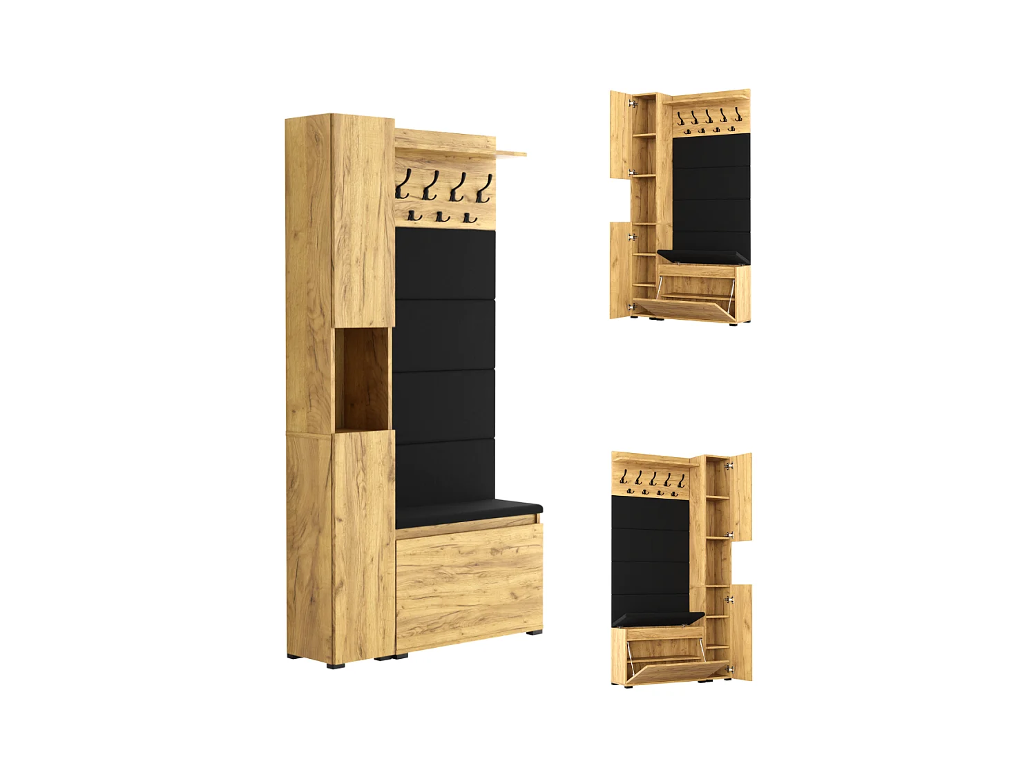 Vestiaire d'entrée avec assise, patère, panneau rembourré et colonne