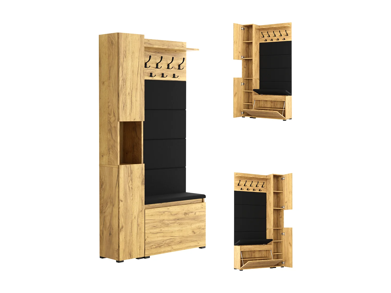 Vestiaire d'entrée avec assise, patère, panneau rembourré et colonne