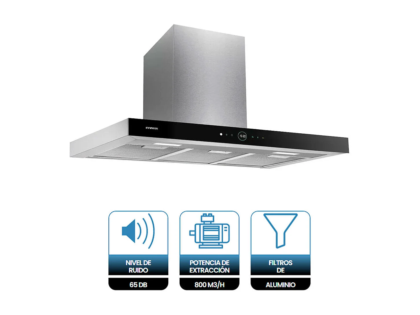 Campana extractora Infiniton CMPT-CLR92S 800m3/h 250W panel táctil y mando a distancia inox