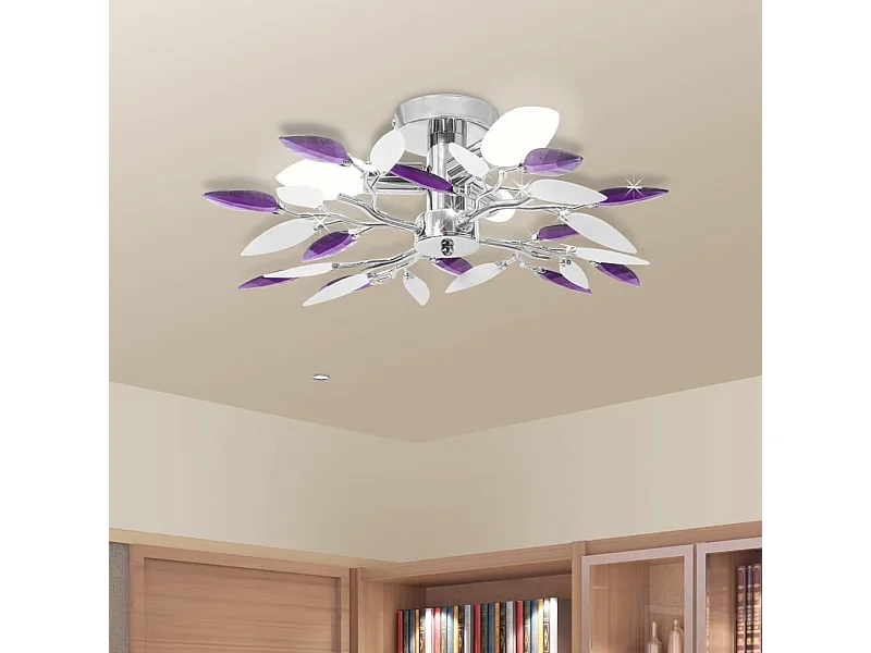 Lámpara de techo con brazos de cristal con hojas E14 blanco/morado Ø45x15 cm