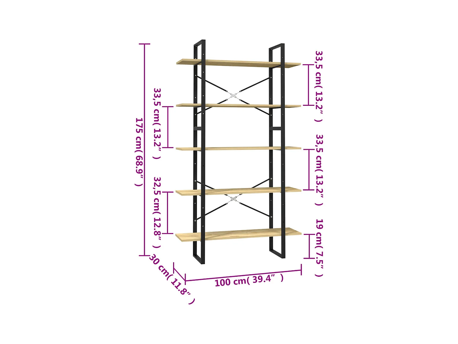 Bibliothèque | Etagère de rangement | Meuble de rangement à 5 niveaux 100x30x175 cm Bois de pin
