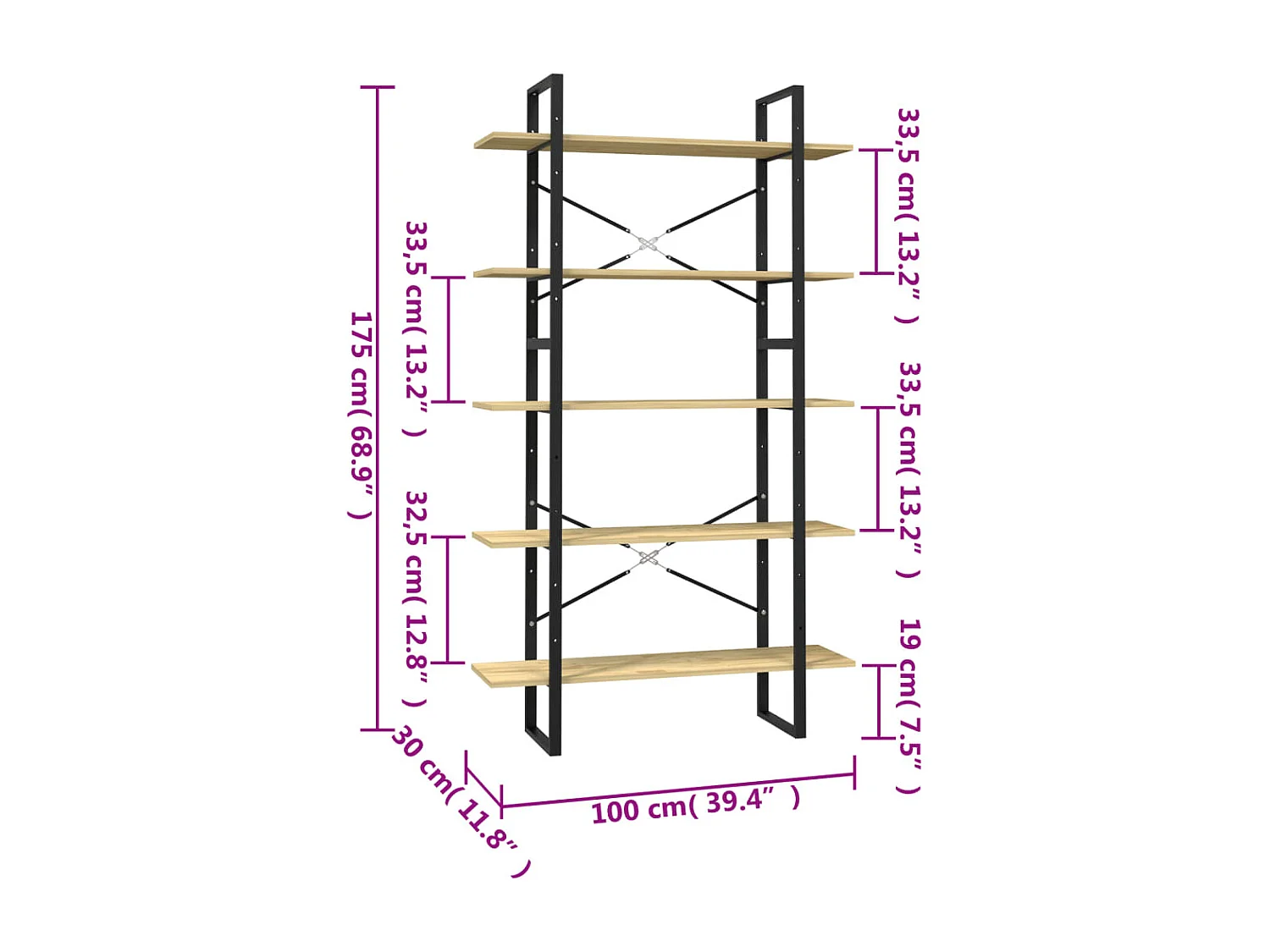 Libreria | Scaffale | Mobile di stoccaggio a 5 Ripiani 100x30x175 cm in Legno Massello di Pino