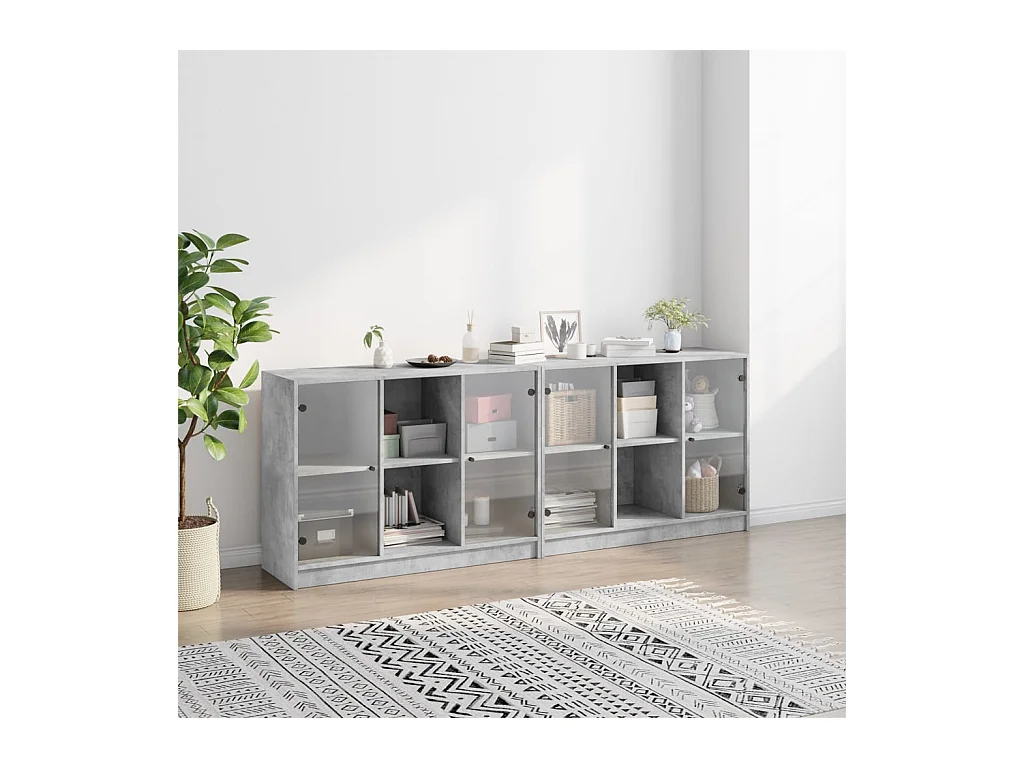 Bibliothèque | Etagère de rangement | Meuble de rangement avec portes gris béton 204x37x75 cm