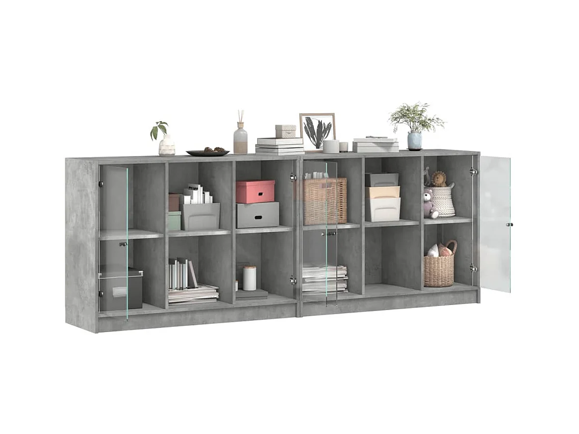 Bibliothèque | Etagère de rangement | Meuble de rangement avec portes gris béton 204x37x75 cm