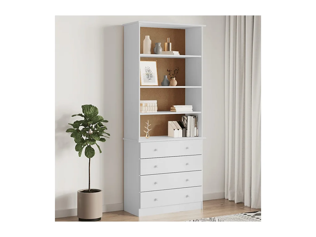 Bibliothèque | Etagère de rangement | Meuble de rangement tiroirs ALTA blanc 77x35x186,5cm bois massif pin