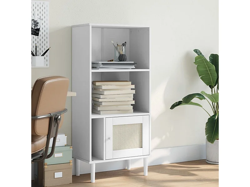 Armadio per Libri | Scaffale | Mobile di stoccaggio SENJA Aspetto Rattan Bianco 60x35x130 cm Massello Pino