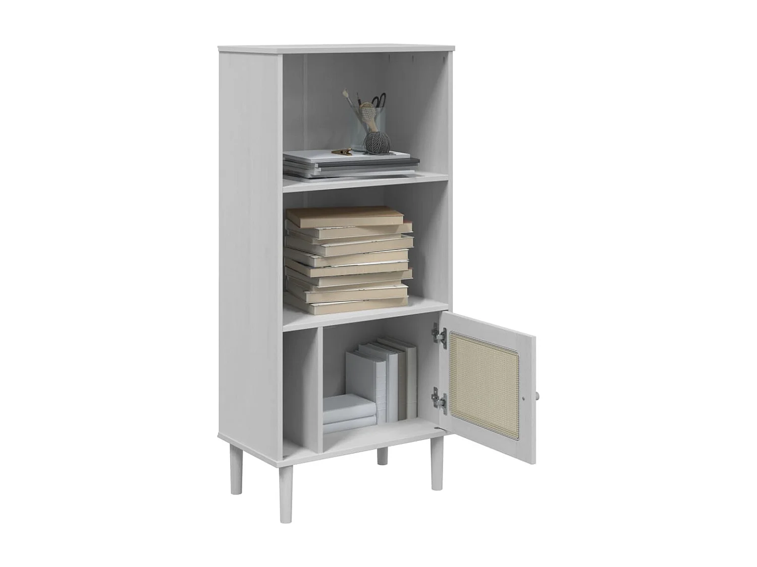 Bibliothèque | Etagère de rangement | Meuble de rangement SENJA aspect de rotin blanc bois massif de pin