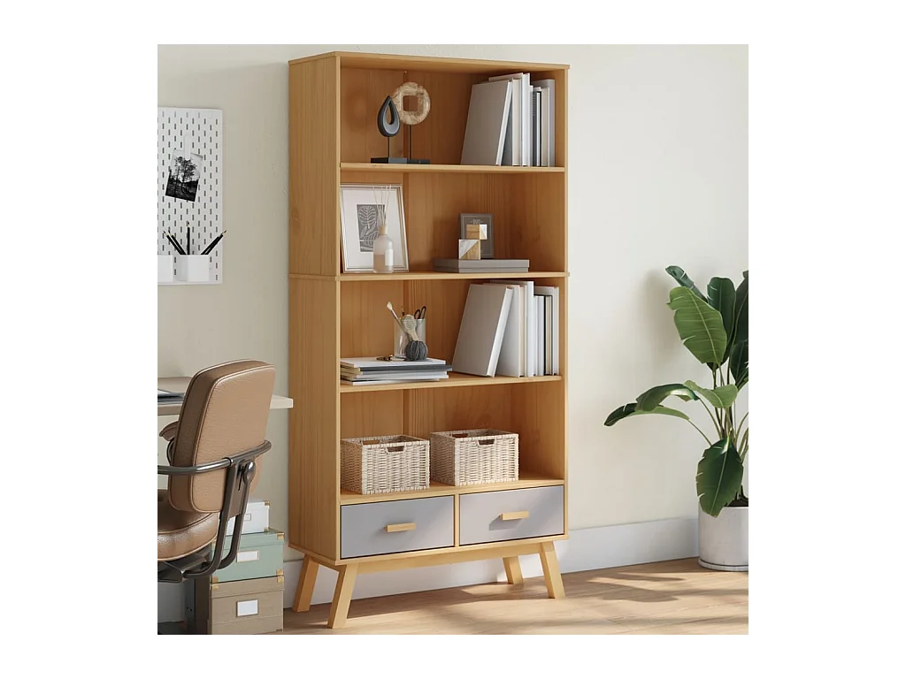 Libreria | Scaffale | Mobile di stoccaggio 4 Ripiani OLDEN Grigia e Marrone Legno Massello Pino