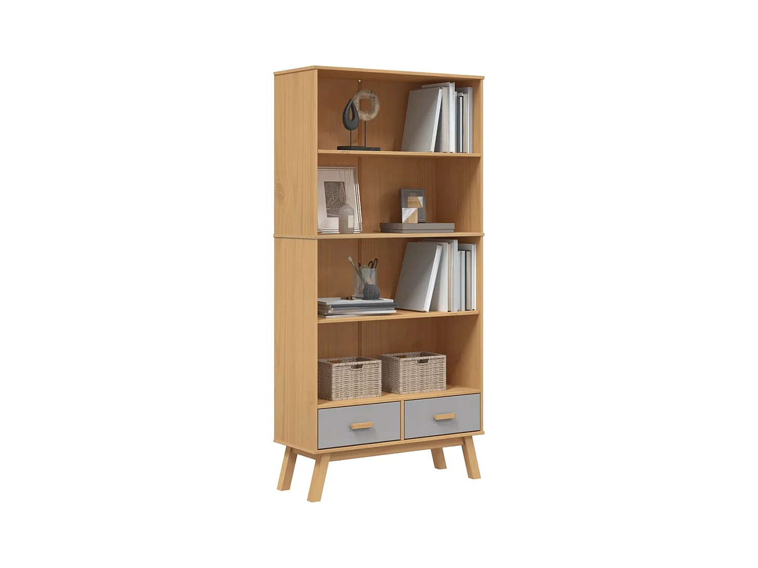 Libreria | Scaffale | Mobile di stoccaggio 4 Ripiani OLDEN Grigia e Marrone Legno Massello Pino