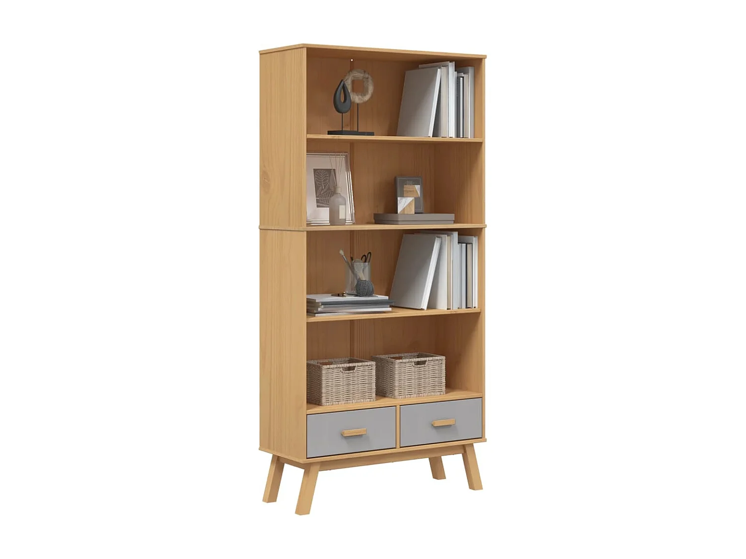 Bibliothèque | Etagère de rangement | Meuble de rangement à 4 niveaux OLDEN gris marron bois de pin massif