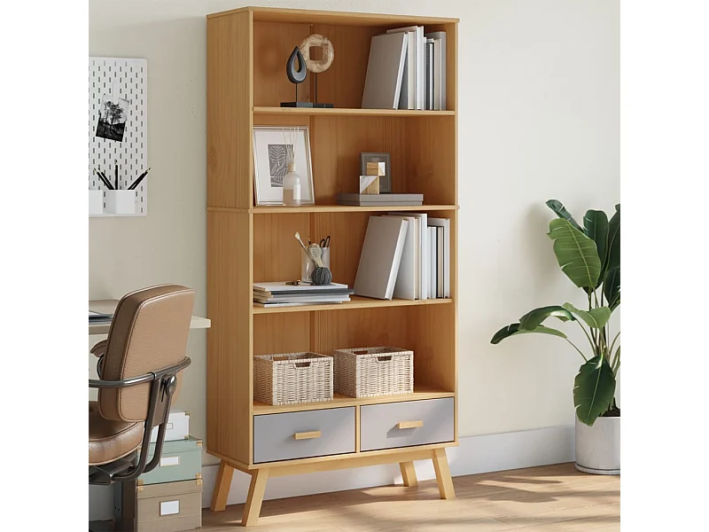 Libreria | Scaffale | Mobile di stoccaggio 4 Ripiani OLDEN Grigia e Marrone Legno Massello Pino