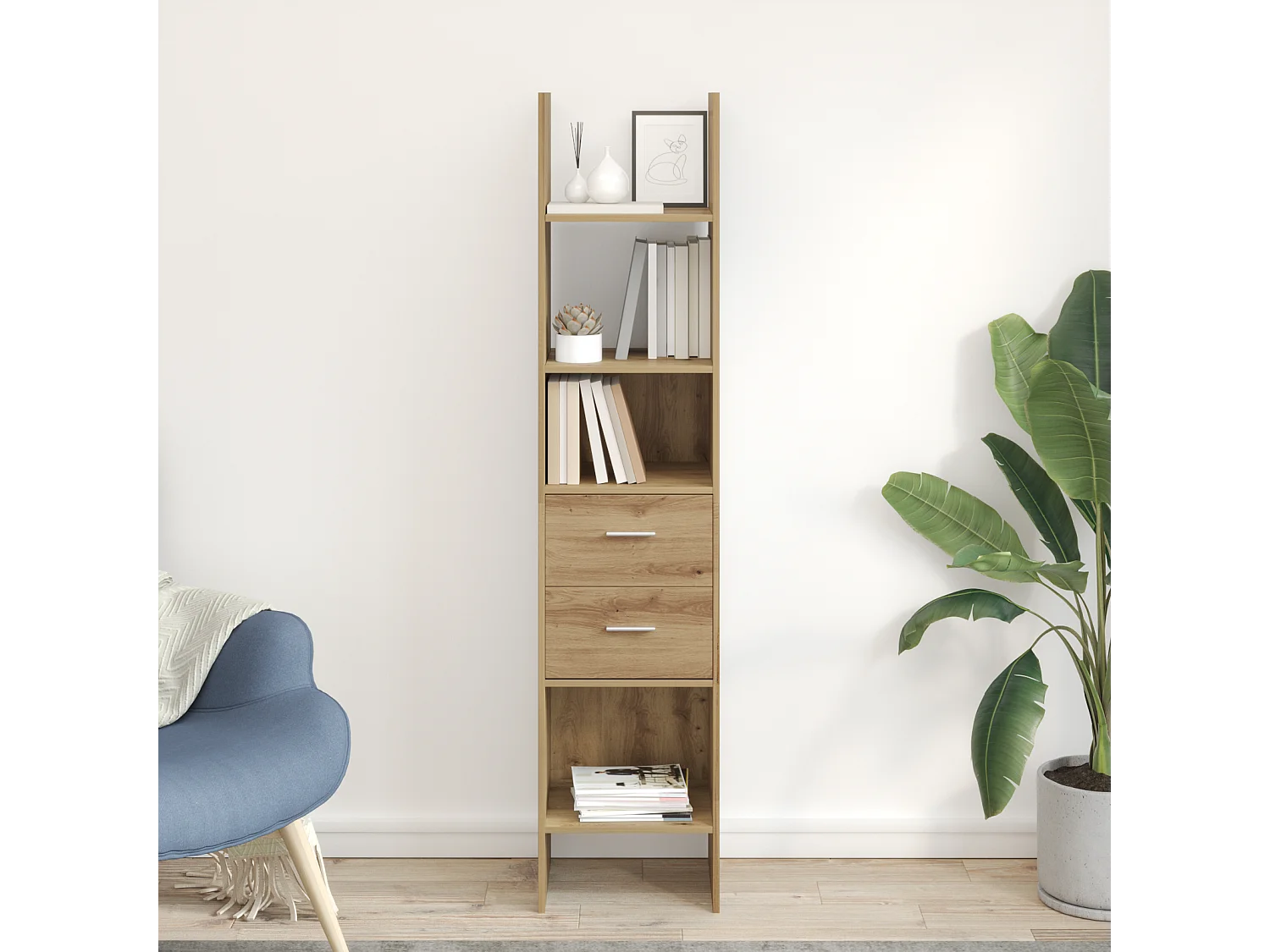 Bibliothèque | Etagère de rangement | Meuble de rangement chêne artisanal 40 x 35 x 180 cm Bois d'ingénierie