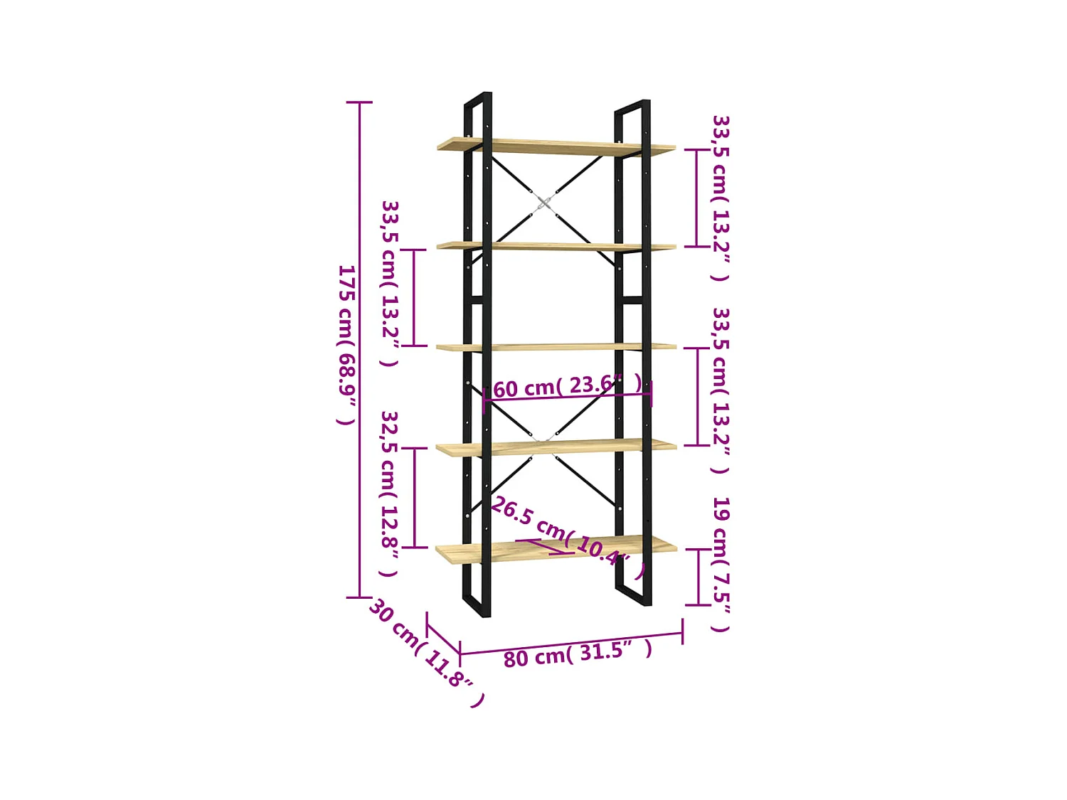 Bibliothèque | Etagère de rangement | Meuble de rangement à 5 niveaux 80x30x175 cm Bois de pin