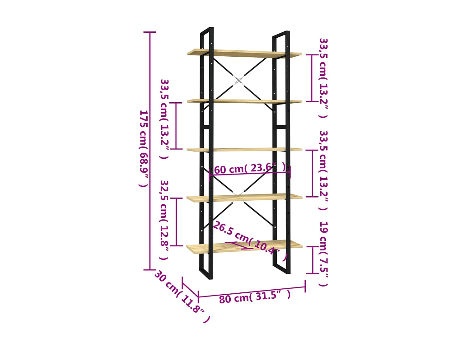 Libreria | Scaffale | Mobile di stoccaggio a 5 Ripiani 80x30x175 cm in Legno Massello di Pino