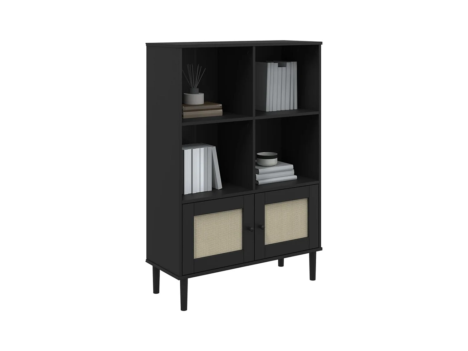 Bibliothèque | Etagère de rangement | Meuble de rangement SENJA aspect de rotin noir bois massif de pin