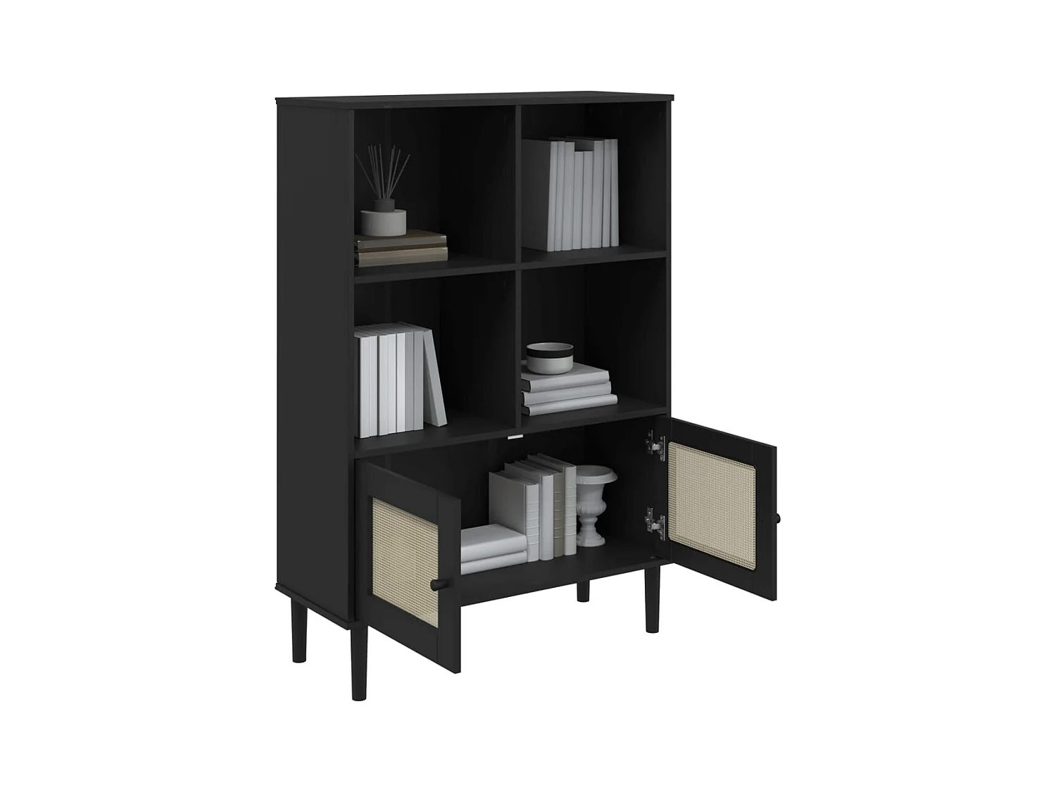 Bibliothèque | Etagère de rangement | Meuble de rangement SENJA aspect de rotin noir bois massif de pin