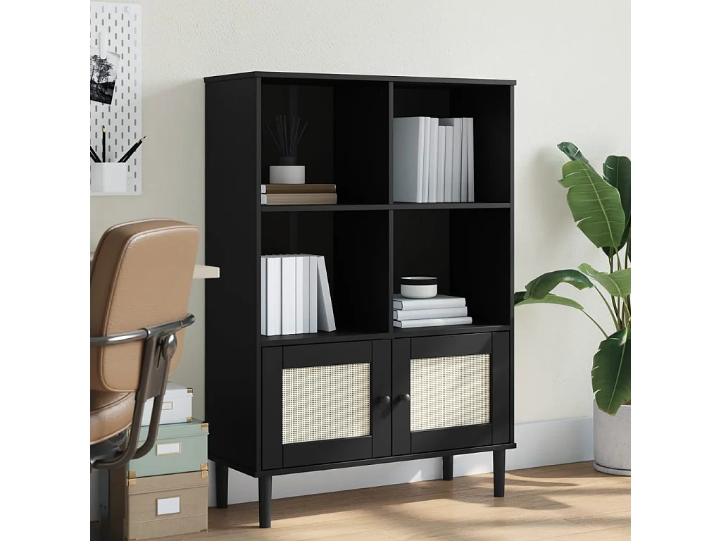 Armadio per Libri | Scaffale | Mobile di stoccaggio SENJA Aspetto Rattan Nero 90x35x130 cm Legno Pino