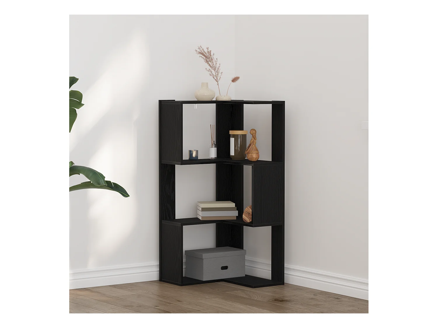 Libreria | Scaffale | Mobile di stoccaggio Angolare a 3 Ripiani Rovere Nero 50x50x102 cm Legno Ingegnerizzato