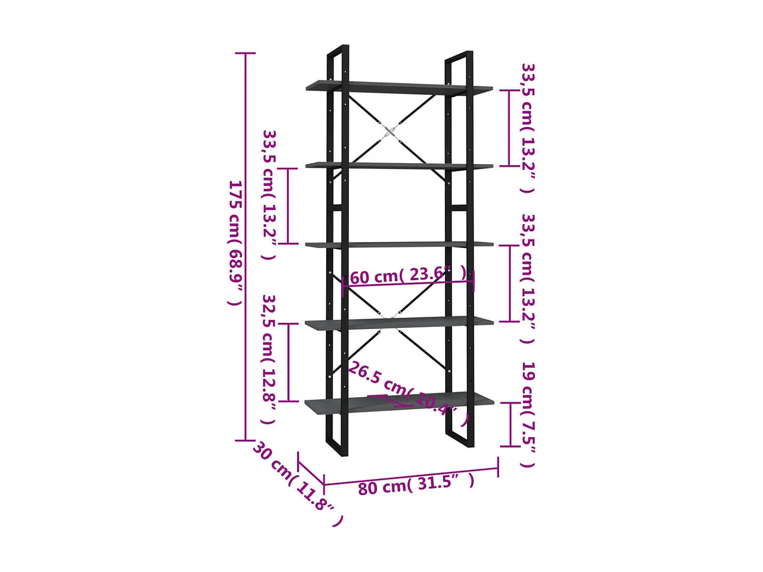 Bibliothèque | Etagère de rangement | Meuble de rangement à 5 niveaux Gris 80x30x175 cm Bois d'ingénierie