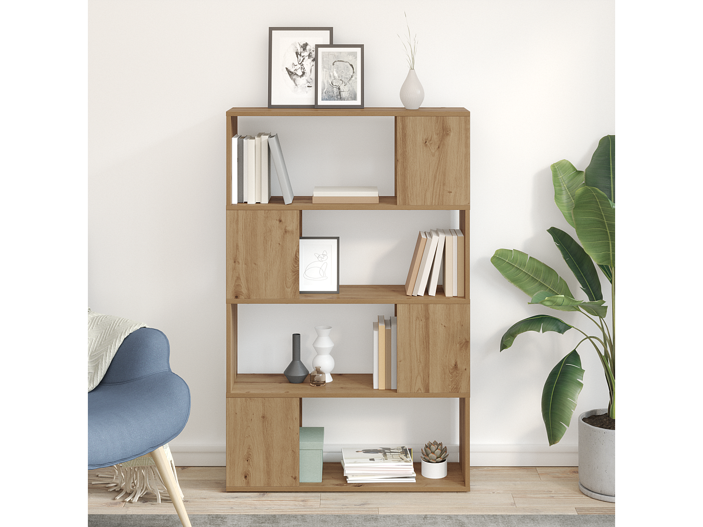 Bibliothèque 3 Pièces Couleur Chêne - Bois D'ingénierie, 4 Compartiments, Dimensions 36x30x143 Cm, Charge 60kg