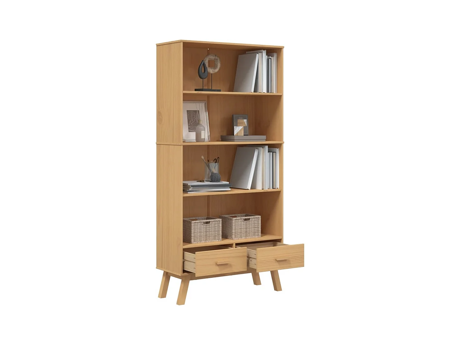 Bibliothèque | Etagère de rangement | Meuble de rangement à 4 niveaux OLDEN marron bois de pin massif