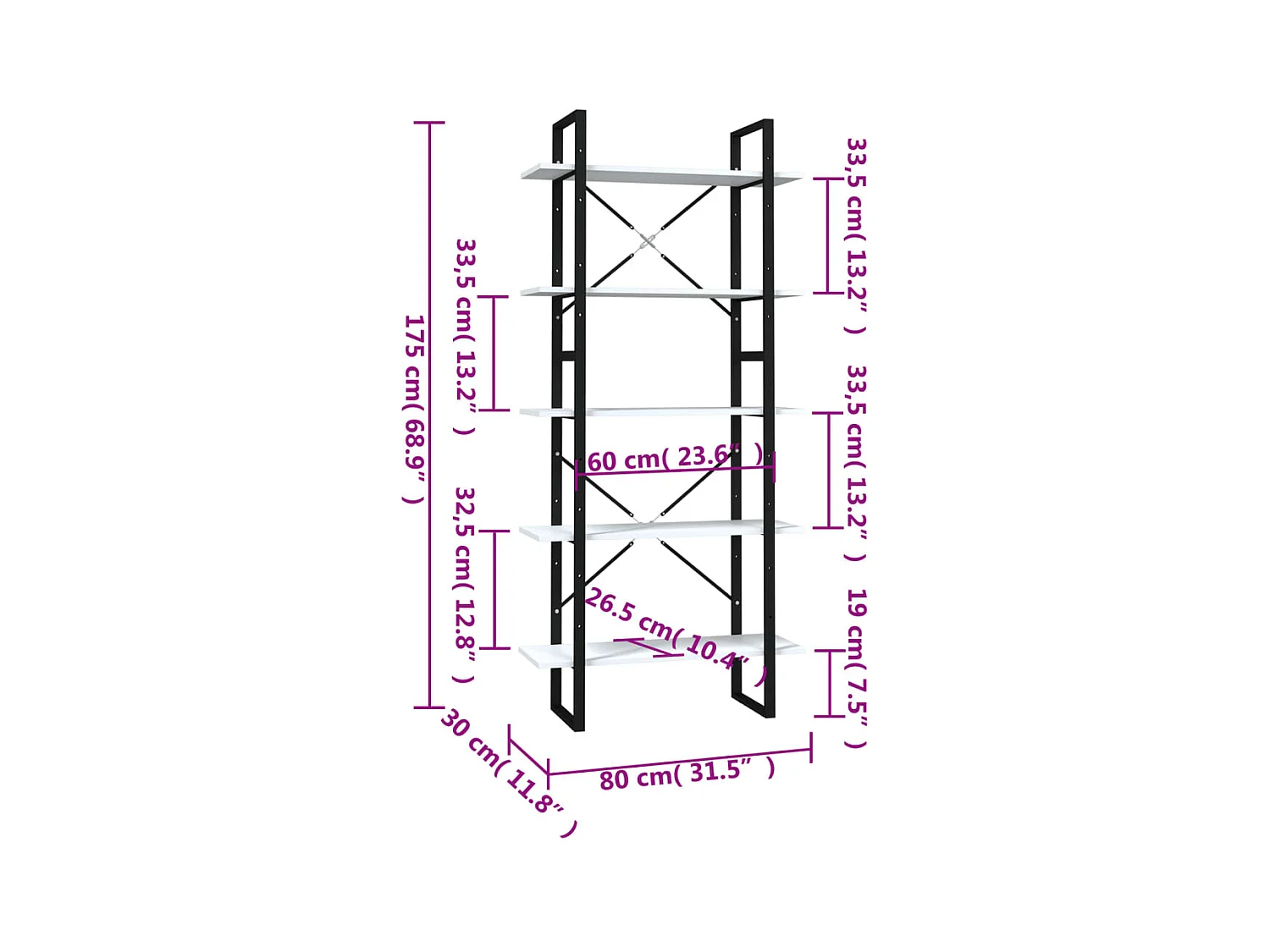 Bibliothèque | Etagère de rangement | Meuble de rangement à 5 niveaux Blanc 80x30x175 cm Bois d'ingénierie