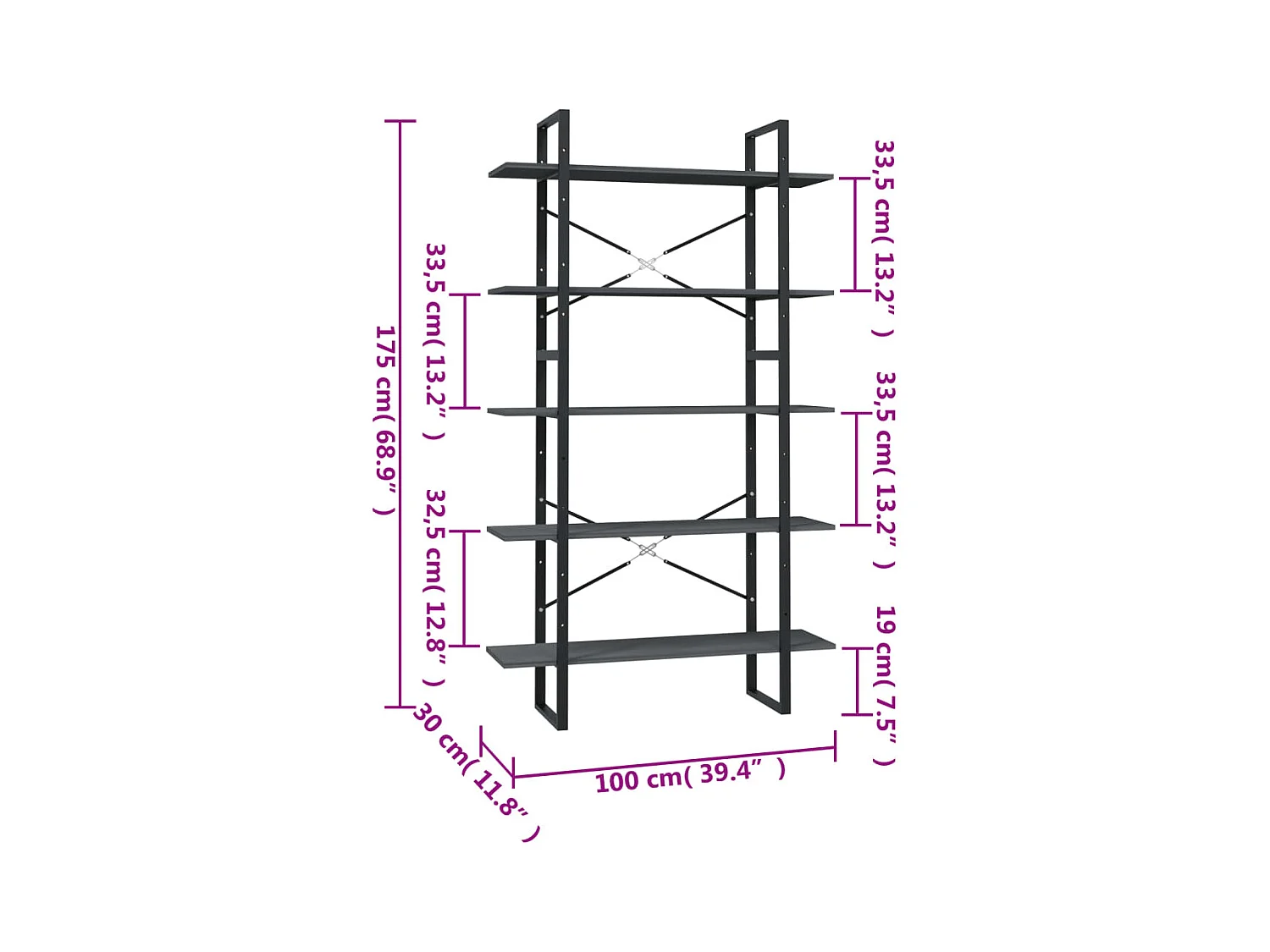 Bibliothèque | Etagère de rangement | Meuble de rangement à 5 niveaux Gris 100x30x175 cm Bois de pin