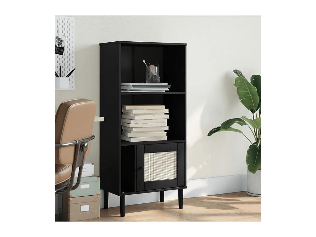 Bibliothèque | Etagère de rangement | Meuble de rangement SENJA aspect de rotin noir bois massif de pin