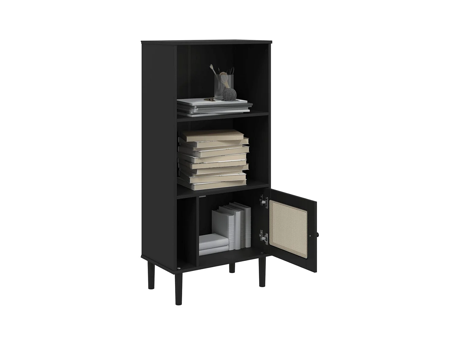 Bibliothèque | Etagère de rangement | Meuble de rangement SENJA aspect de rotin noir bois massif de pin