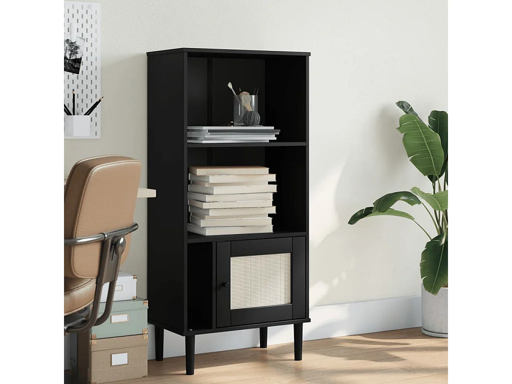 Armadio per Libri | Scaffale | Mobile di stoccaggio SENJA Aspetto Rattan Nera 60x35x130 cm Legno Pino