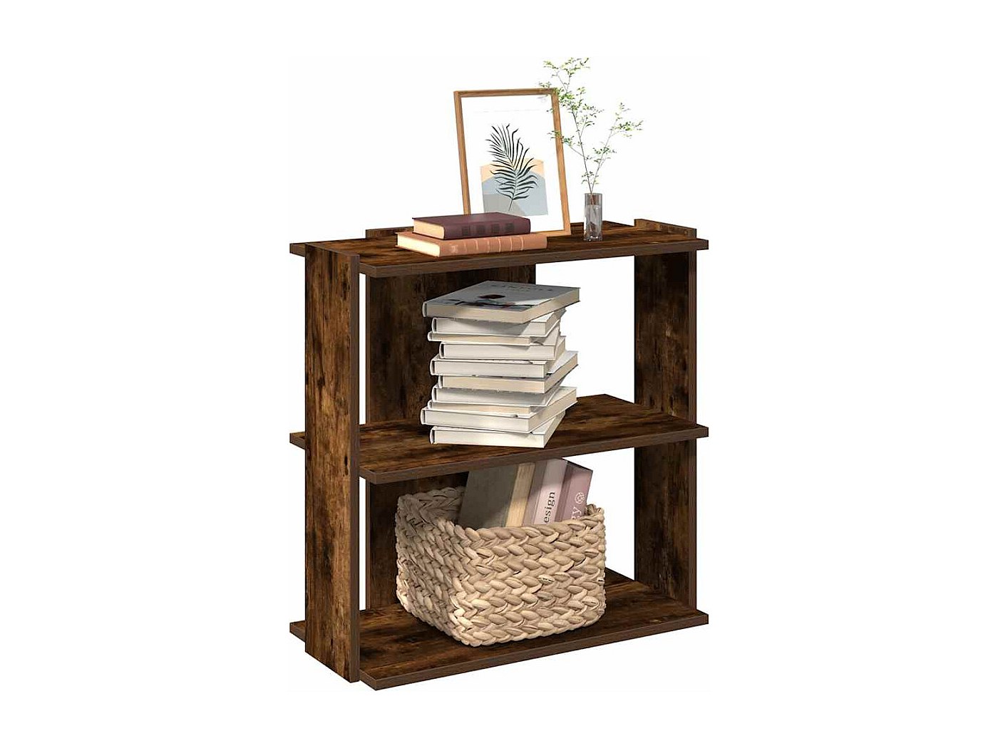 Bibliothèque Étagère Moderne Chêne Fumé 36x30x171 Cm – Meuble Rangement Livres 4 Compartiments + 2 Tiroirs, Style Minimaliste
