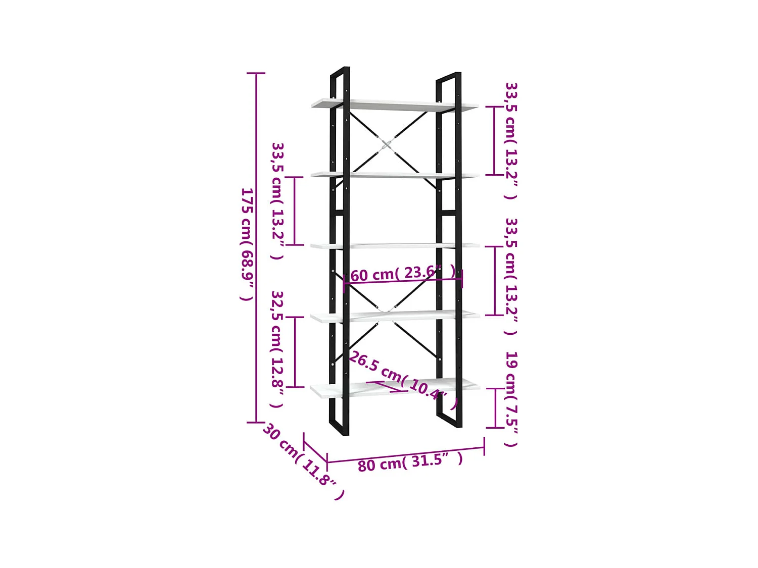 Libreria | Scaffale | Mobile di stoccaggio a 5 Ripiani Bianca 80x30x175 cm in Legno di Pino