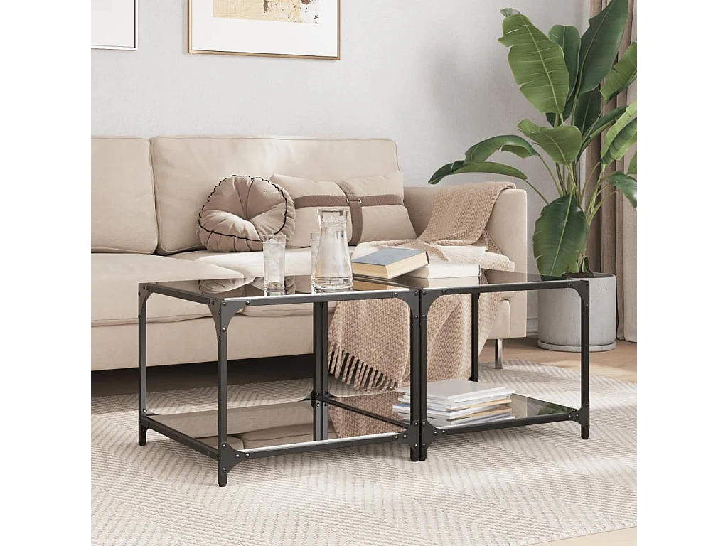 Mesas de centro c/ topo em vidro preto 2 pcs 50x50x40 cm aço PT283275