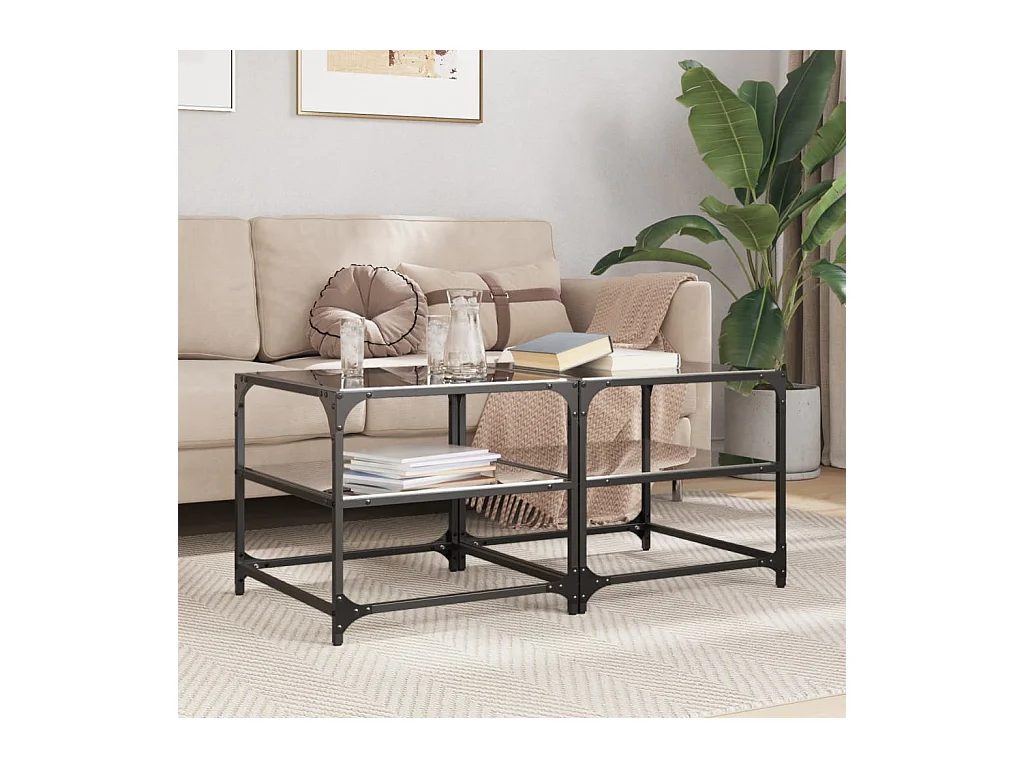 Mesa de centro superficie vidrio 2 uds acero negro 50x50x45 cm ES591571