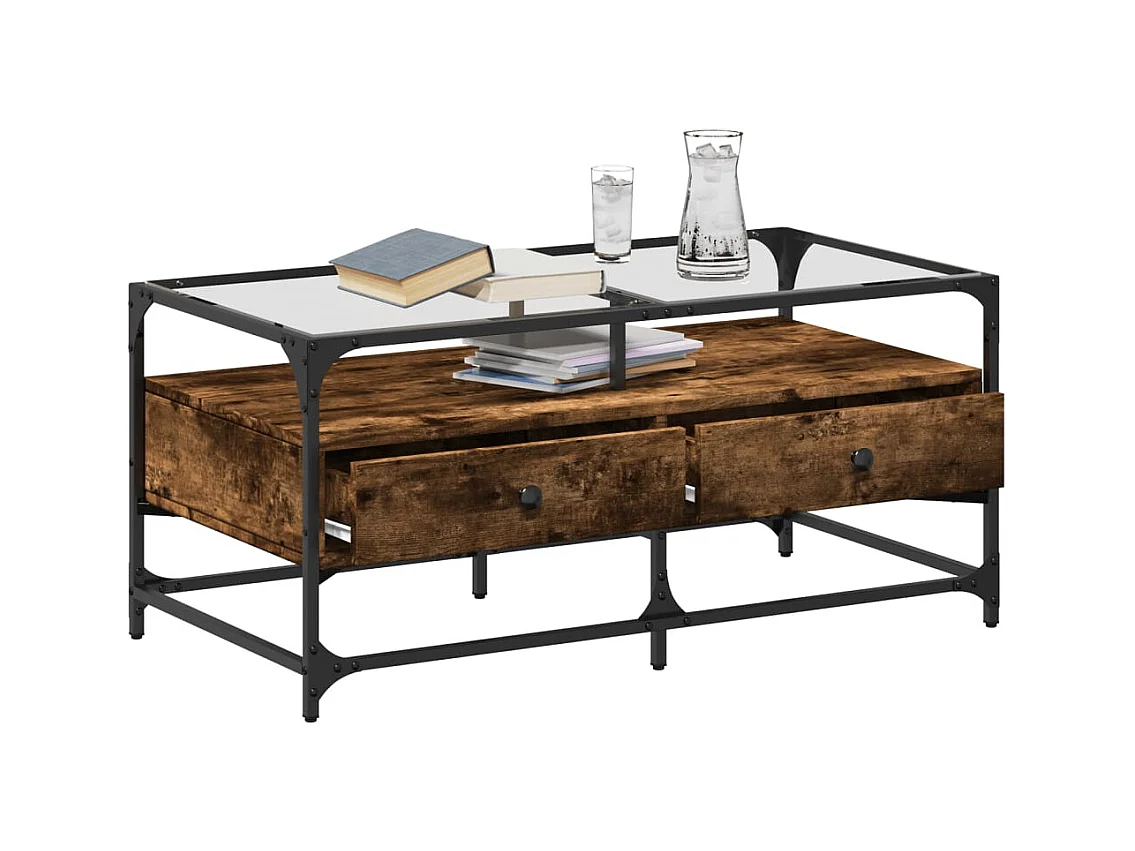 Mesa de centro tapa de vidrio acero roble ahumado 98,5x50x45cm ES785281
