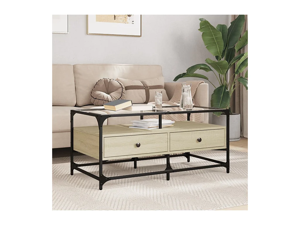 Mesa de centro tapa de vidrio acero roble Sonoma 98,5x50x45 cm ES682165