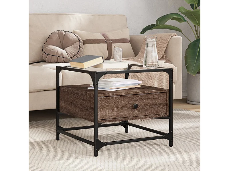 Mesa de centro con puertas de vidrio marrón roble 50x50x45 cm ES103310