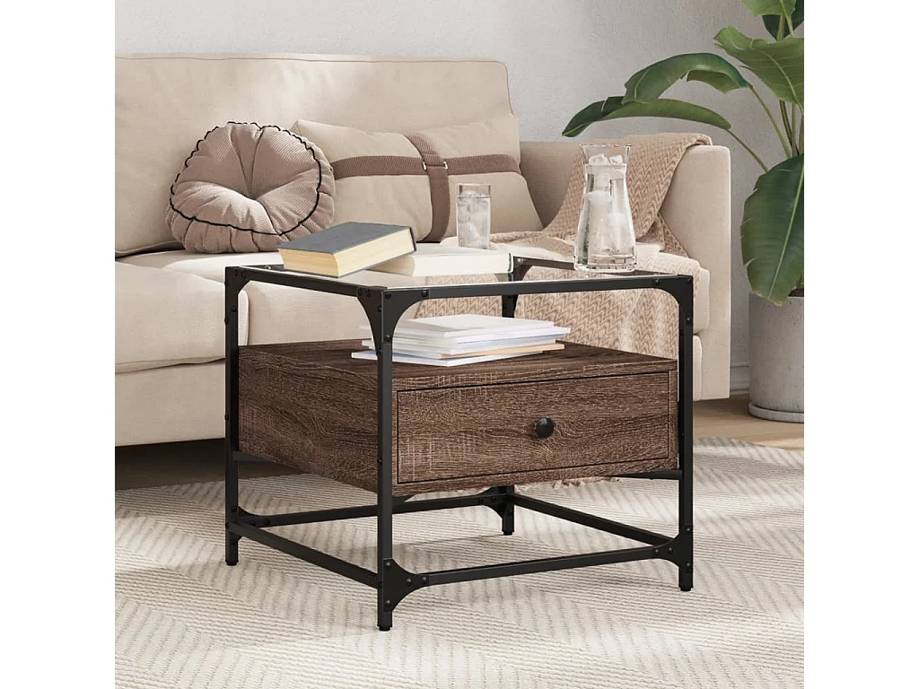 Table basse et dessus en verre chêne marron 50x50x45 cm acier FR771678