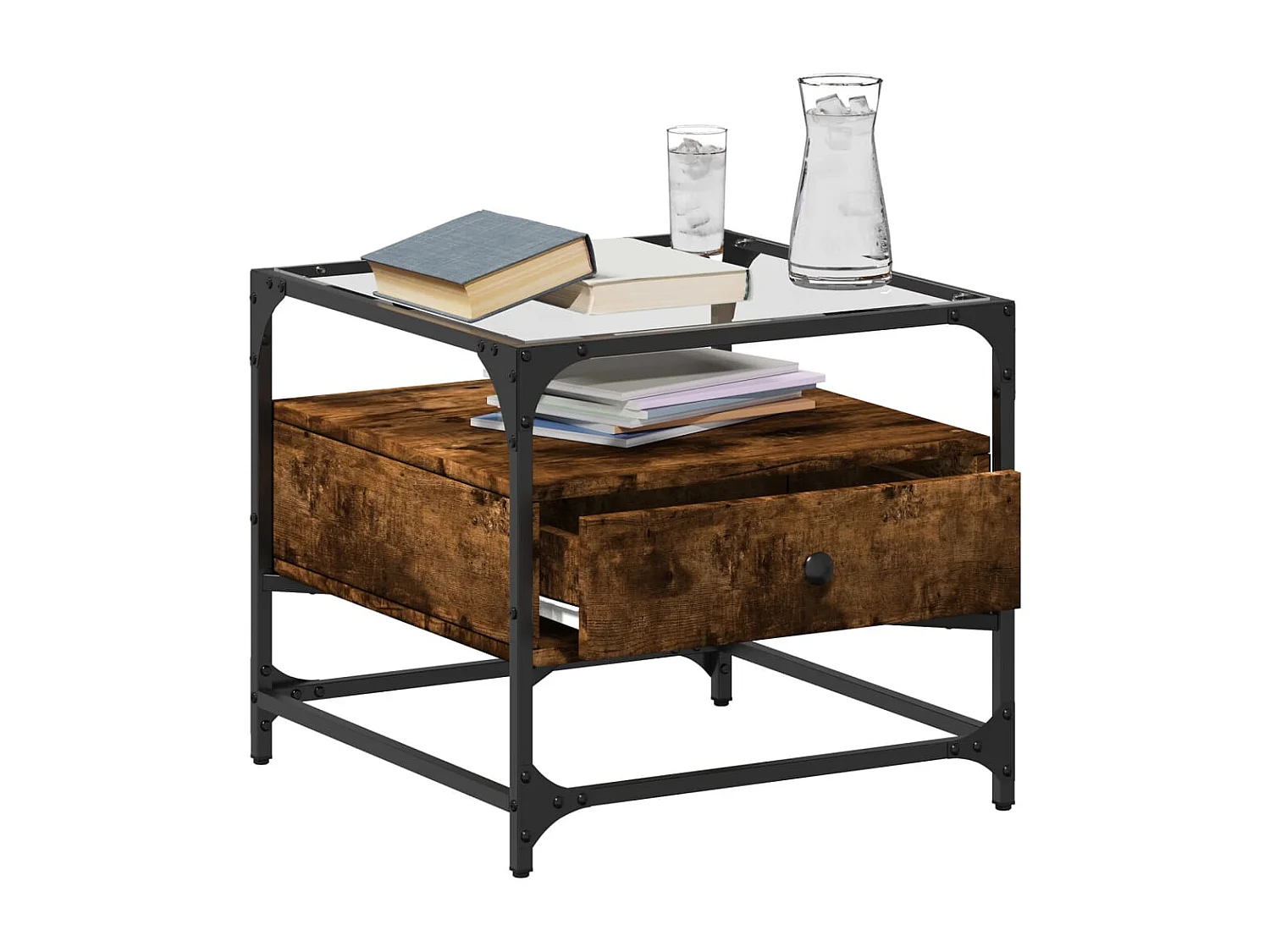 Table basse avec dessus en verre chêne fumé 50x50x45 cm acier FR972687