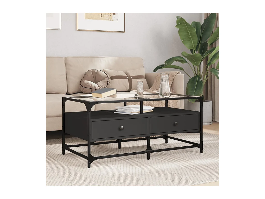 Table basse avec dessus en verre noir 98,5x50x45 cm acier FR925325
