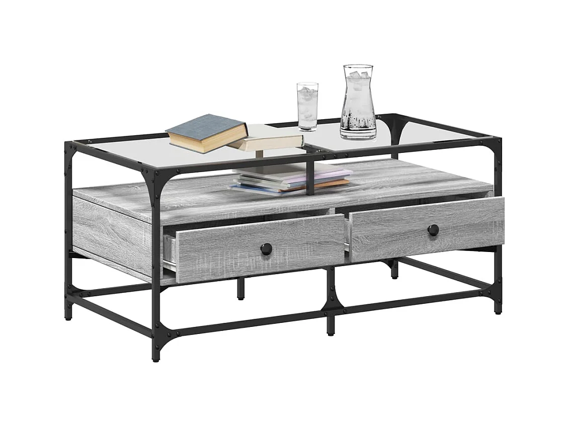 Table basse avec dessus en verre sonoma gris 98,5x50x45cm acier FR217376