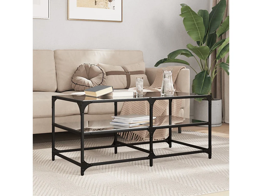 Table basse avec dessus en verre noir 98,5x50x45 cm acier FR560713