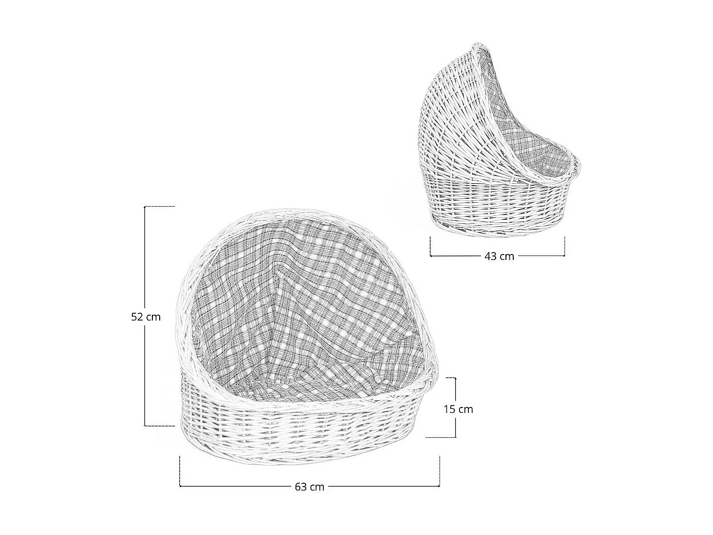 Rieten huisdierbed met kussen, 63x43x52 cm, groot