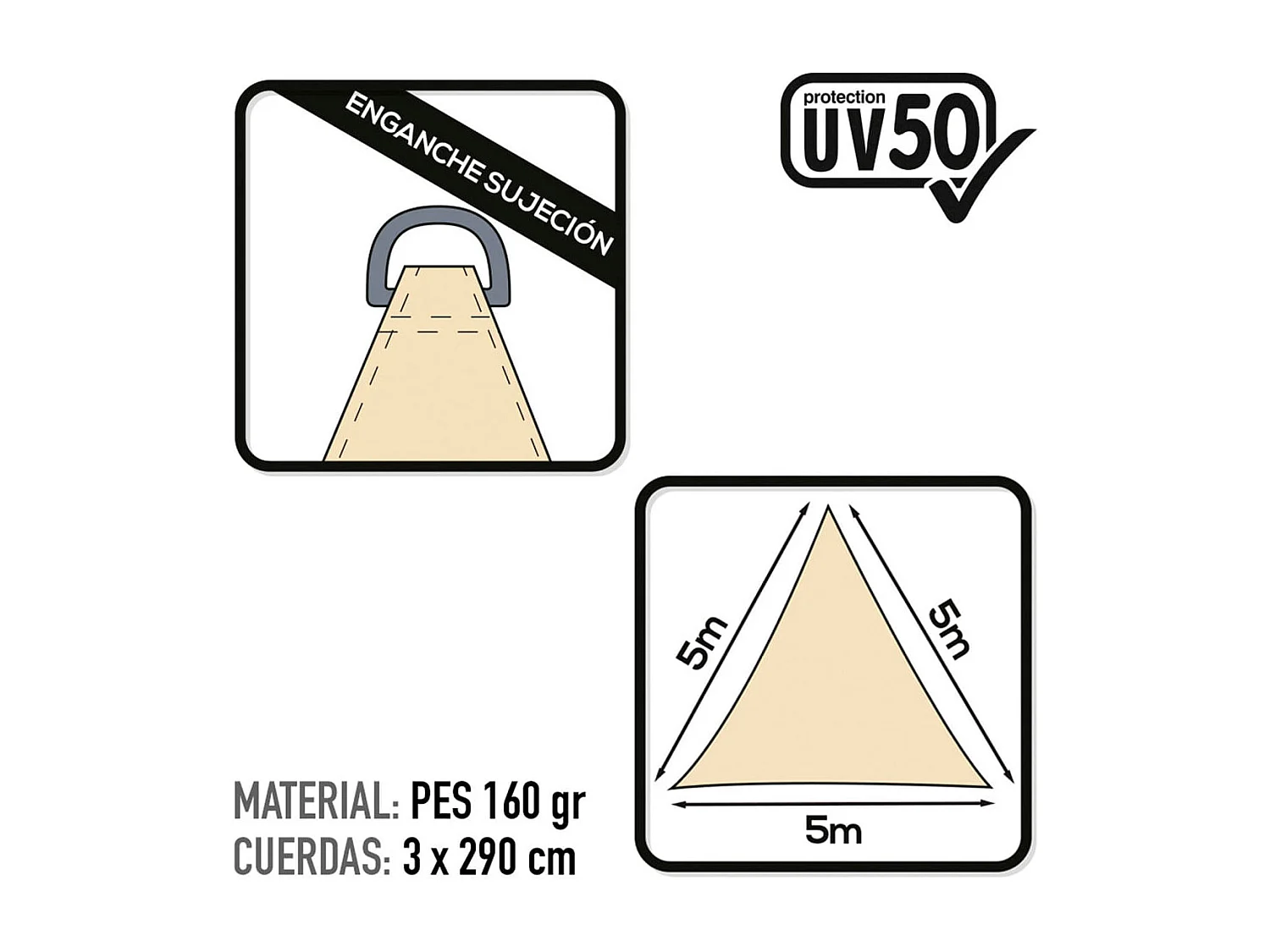 Toldo vela sombreo triangular Aktive Garden protección UV50 poliéster crema 5x5x5m