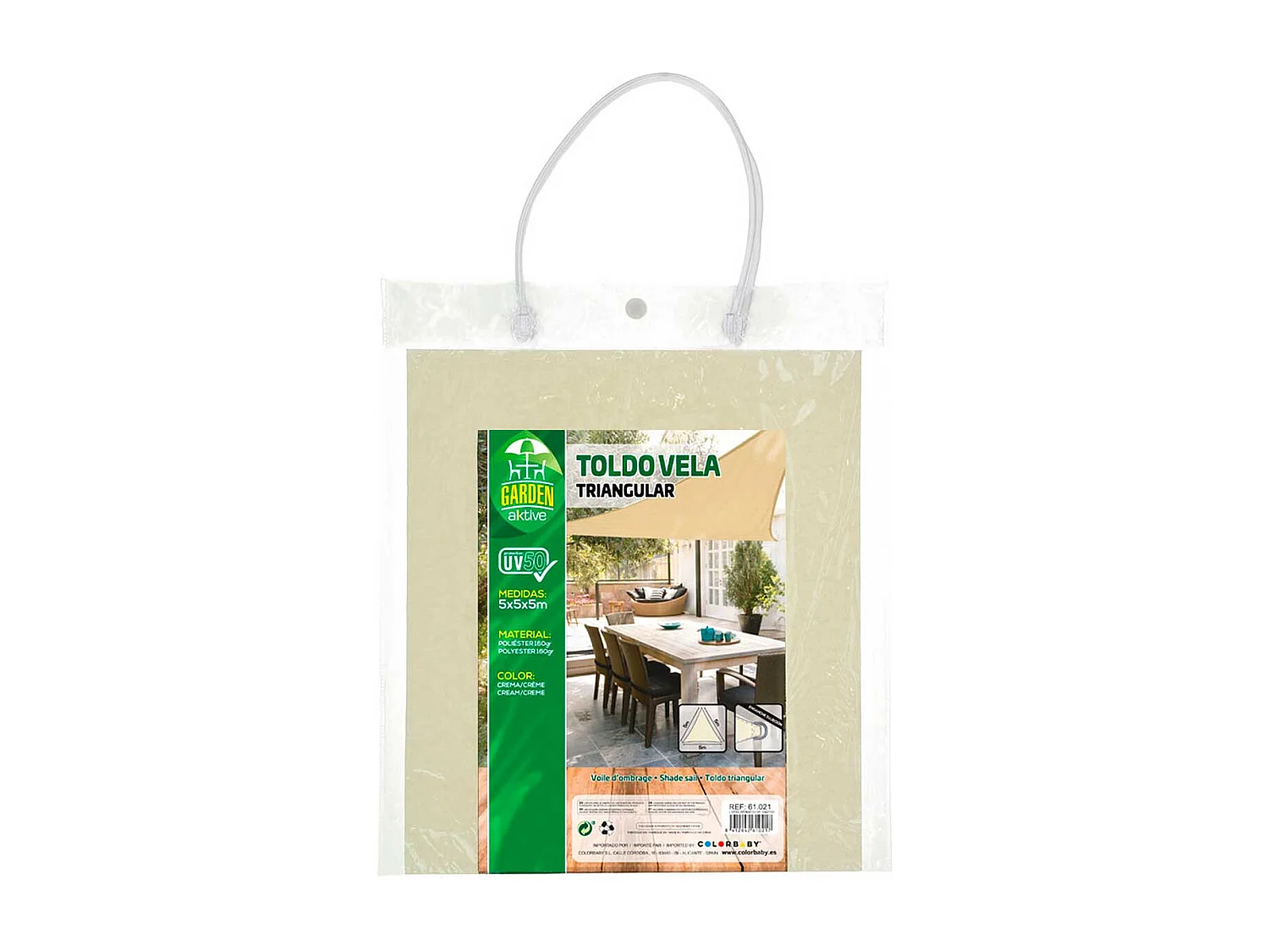 Toldo vela sombreo triangular Aktive Garden protección UV50 poliéster crema 5x5x5m