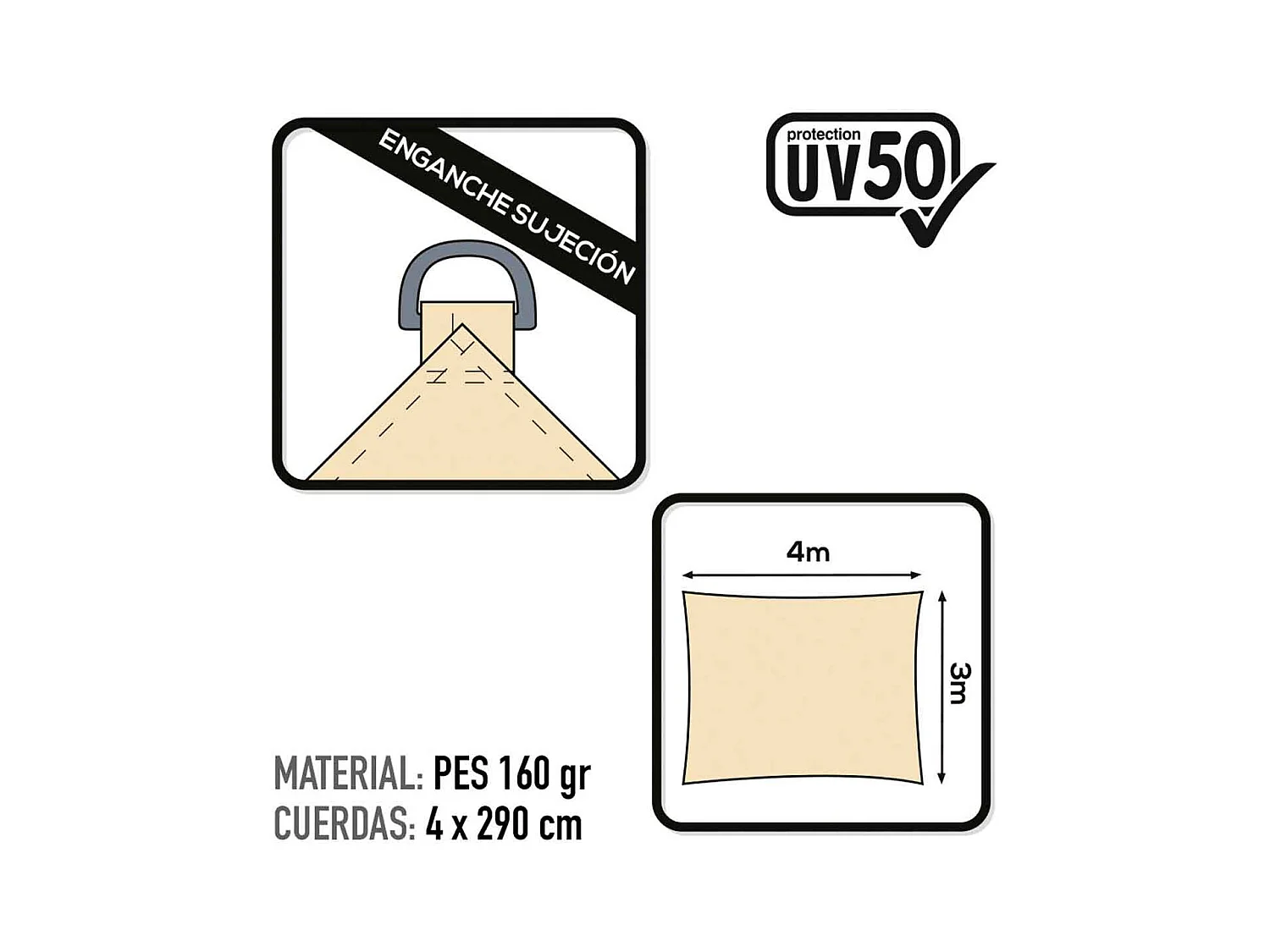 Toldo vela sombreo Aktive Garden rectangular protección UV50 poliéster crema 3x4m