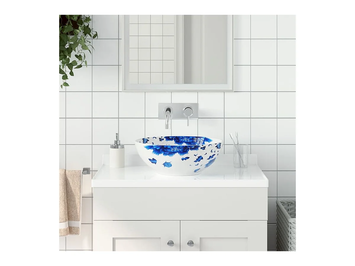 Lavatório de Bancada Redondo de Cerâmica Branca e Azul 41x14 cm para Casa de Banho