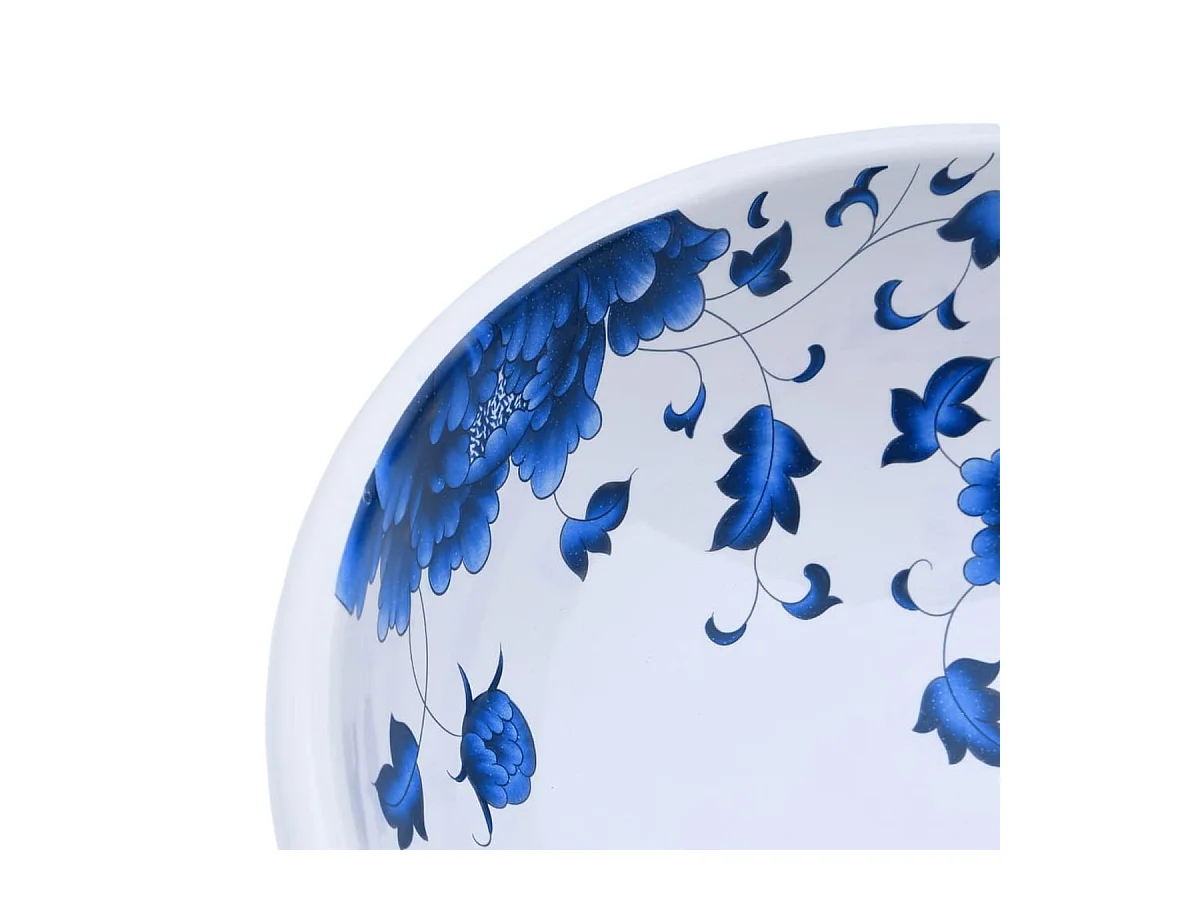 Lavatório de Bancada Redondo de Cerâmica Branca e Azul 41x14 cm para Casa de Banho