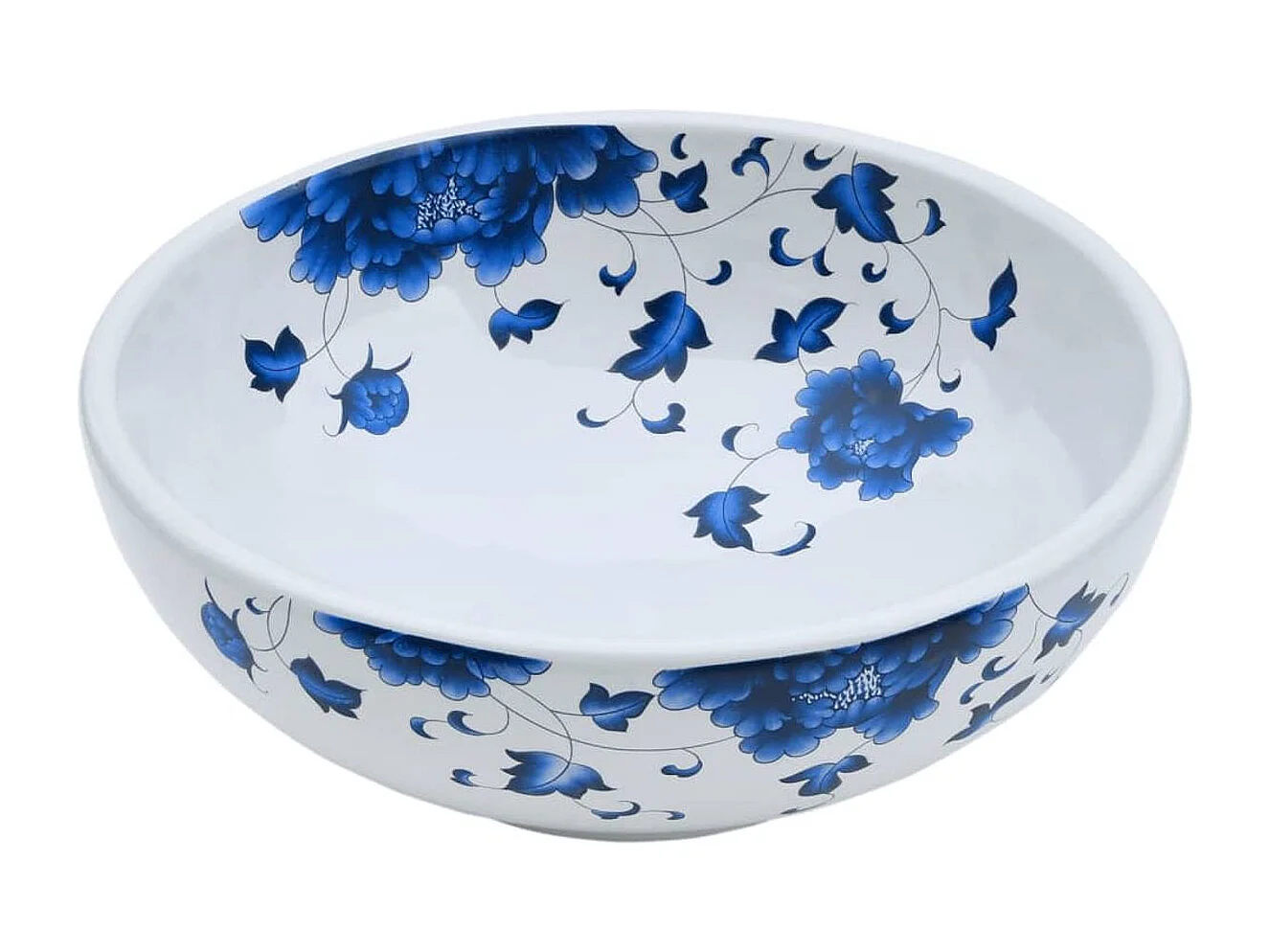 Lavatório de Bancada Redondo de Cerâmica Branca e Azul 41x14 cm para Casa de Banho